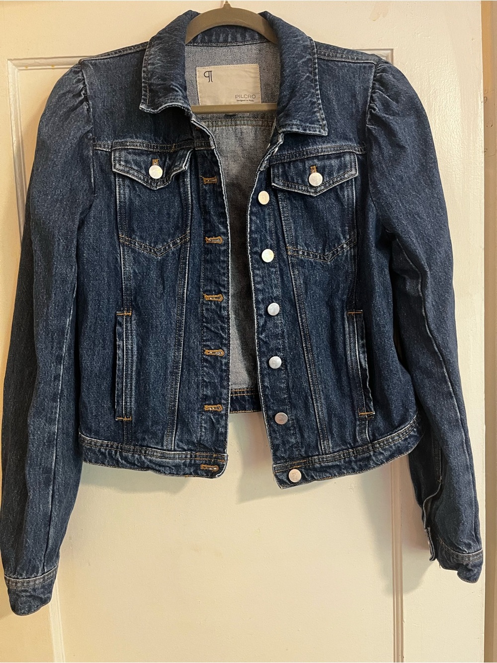 Pilcro Dark Blue Denim Puff Sleeve Trucker Jacket
